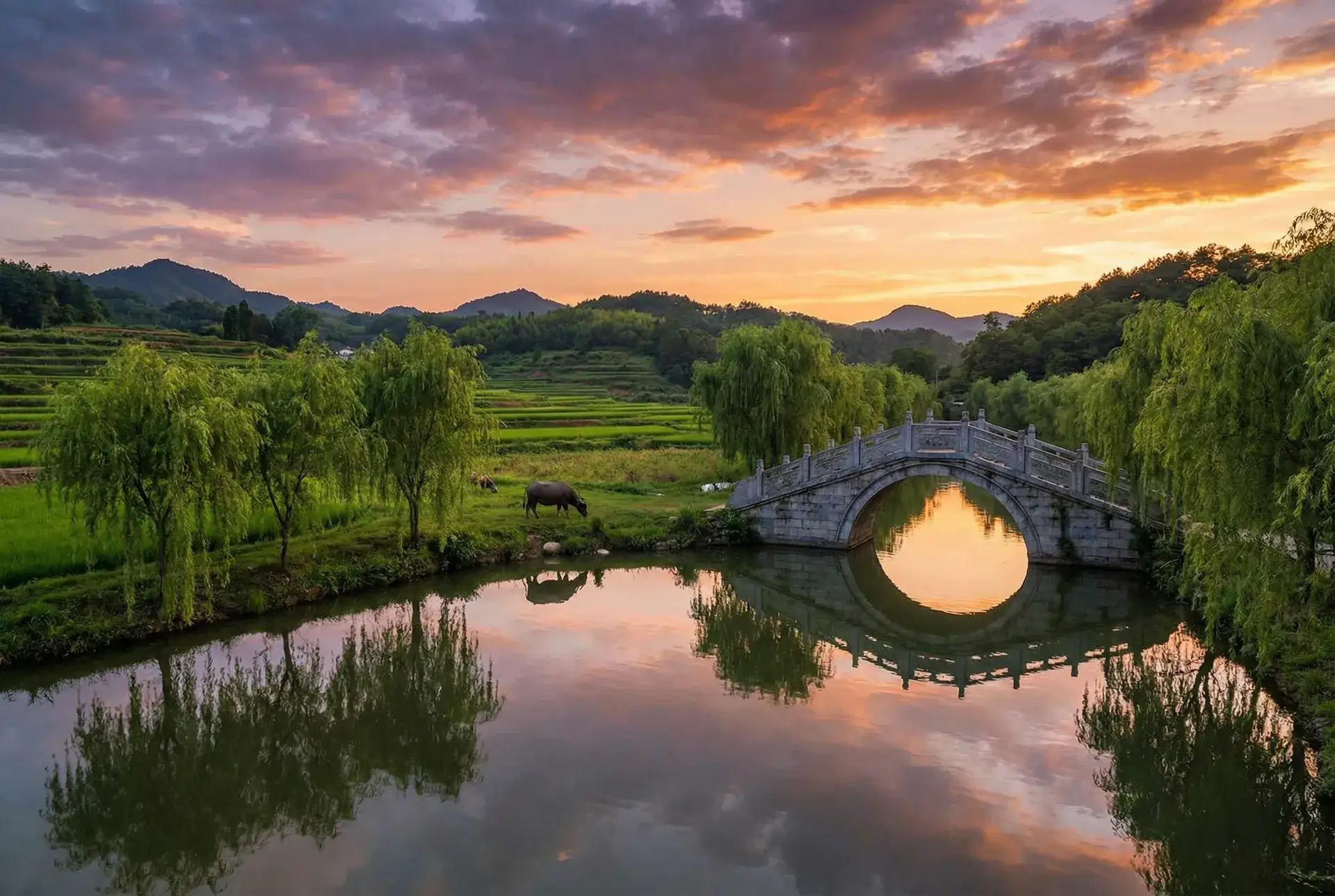 夕阳下的石拱桥与垂柳，水牛在河边吃草 - 陈慧琳门照艳全集 乡村美景